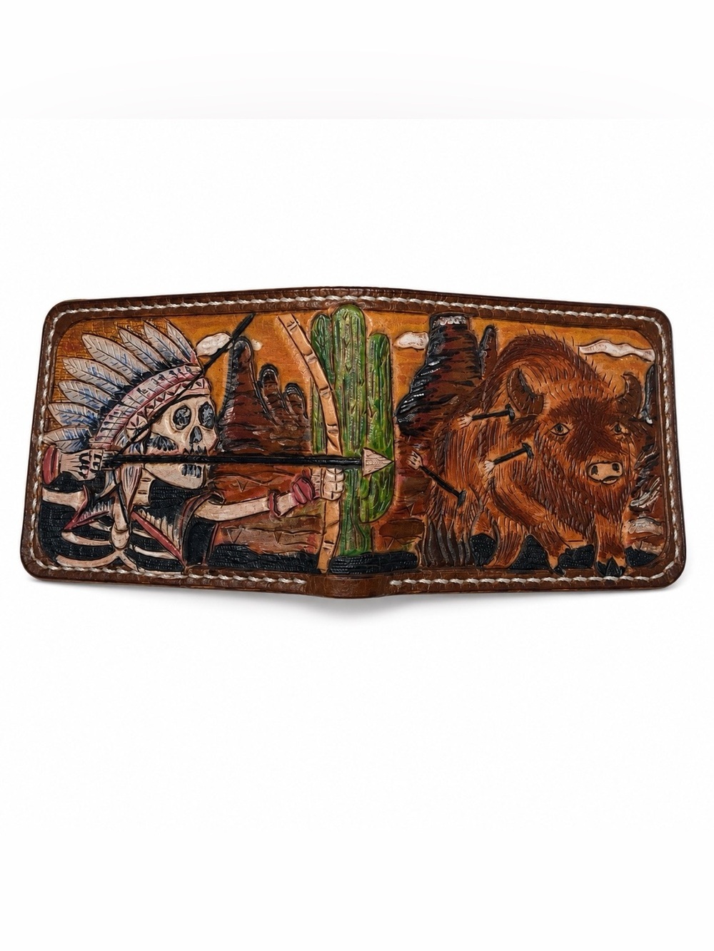 Hand-Tooled Leather Bifold Wallet with Buffalo & Chief Skull Archer Design Brown